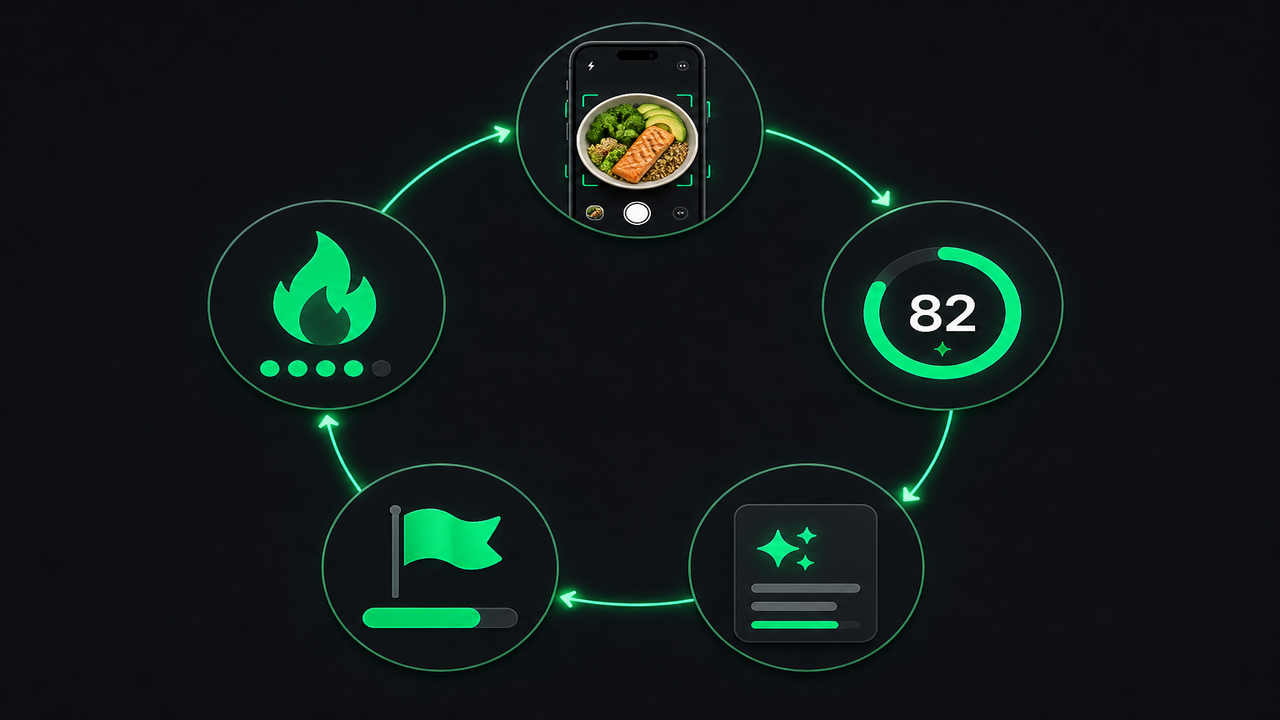 Five-step daily game loop: snap, score, fix, challenge, streak